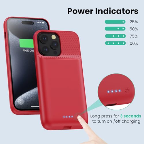 Battery Case for iPhone 15Pro Max, Upgrade 8600mah Portable Slim Battery Charging Case, 15W Fast Charging Rechargeable Protective Extended Charger Cover for iPhone 15 Pro Max (6.7 inch)-Red - color: Red