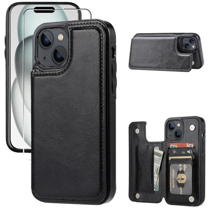 Wallet Case Compated with iPhone 15, Slim Protective case with Card Holder,Premium PU Leather Kickstand Card Slots Case with 1 Screen Protector for iPhone 15(6.1")-Black - color: Black