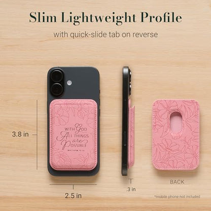 Christian Art Gifts Magnetic Faux Leather Phone Wallet for Women: Pink Debossed Florals & Gold, All Things are Possible Inspiring Scripture Design, Mag-Safe Compatible, Cash & Card Holder, 3.8" x 2.5" - color: All Things are Possible/Pink Floral