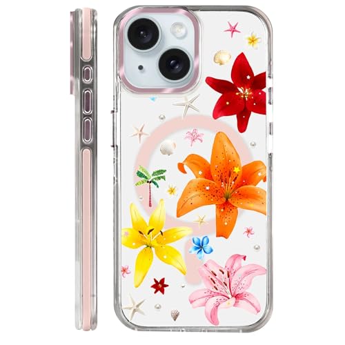 Clear Magnetic Case for iPhone 15, Slim Anti-Yellow Transparent Cover, Military Grade Protection, Phone Cases for iPhone 15, Colorful Lily Floral Summer - color: Colorful Lily Floral Summer, size: Iphone 15