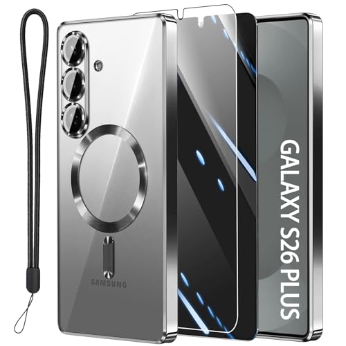 Magnetic for Samsung Galaxy S26 Plus Case with 2X Screen Protector & Full Camera Cover [Fit for MagSafe] Metal Glossy Soft Shockproof Clear Case for Galaxy S26 Plus Girl Women-Silver - color: Silver, size: for Samsung Galaxy S26 Plus
