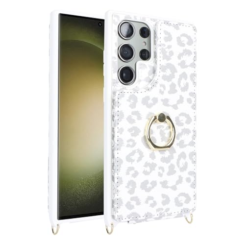 Lipvina for Samsung Galaxy S23 Ultra Case with Card Holder and Strap for Women,Crossbody Lanyard,Ring Stand,Snap Clasp,Cute Phone Wallet Cases 6.8 inch(White Leopard) | Cute Crossbody Lanyard Wallet,4 Card Holder,RFID Blocking,and a 360° Ring Kickstand.Li
