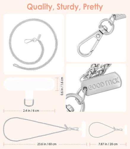 MoKo Metal Phone Crossbody Chain Lanyard with Wrist Strap and 2 Patches - color: Pale Silver