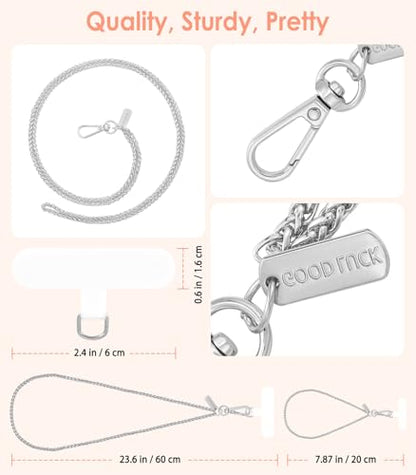 MoKo Metal Phone Crossbody Chain Lanyard with Wrist Strap and 2 Patches - color: Pale Silver