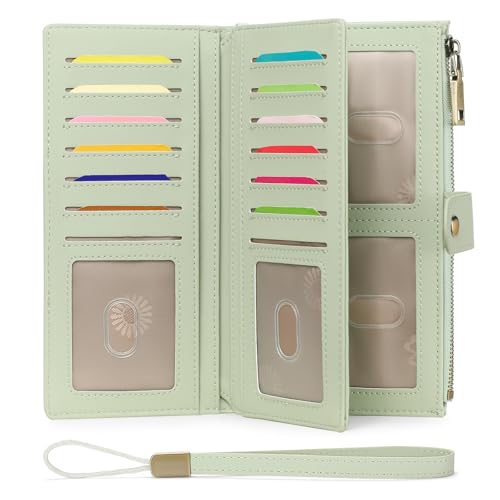 GAEKEAO Wallets for Women Leather RFID Blocking Large Capacity Card Case Ladies Wristlet Clutch Wallets Zipper Pocket with 4 ID Windows 20 Card Slots - color: Light Green