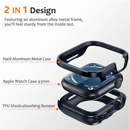 Amizee 2 in 1 Metal Rugged Case Compatible with Apple Watch Series 9/8/7 45mm, Aluminum Shockproof Protective Bumper Cover for iWatch 45mm, Blue - color: Blue, size: 45mm