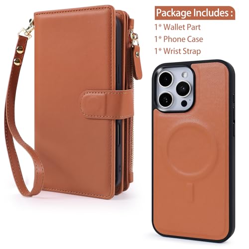 Magnetic Case for iPhone 13 Pro Max Wallet Compatible with Magsafe RFID Blocking Card Holder Detachable Phone Cover Kickstand Snap Strap Zipper Pocket PU Leather 6.7 inch (Brown) - color: Brown, size: iPhone 13 Pro Max