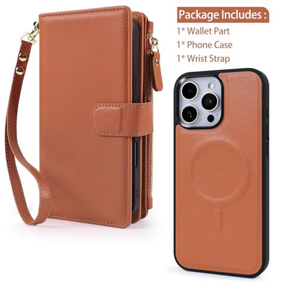 Magnetic Case for iPhone 15 Pro Wallet Compatible with Magsafe RFID Blocking Card Holder Detachable Phone Cover Kickstand Snap Strap Zipper Pocket PU Leather 6.1 inch (Brown) - color: Brown, size: iPhone 15 Pro