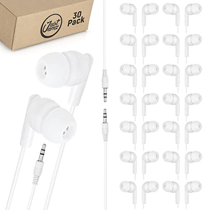 JustJamz Pearl White Bulk Earbuds 30 Pack – Wired Earphones 3.5mm Jack | Disposable Headphones for Classroom, Kids, Home & Family | Ear Buds Bulk