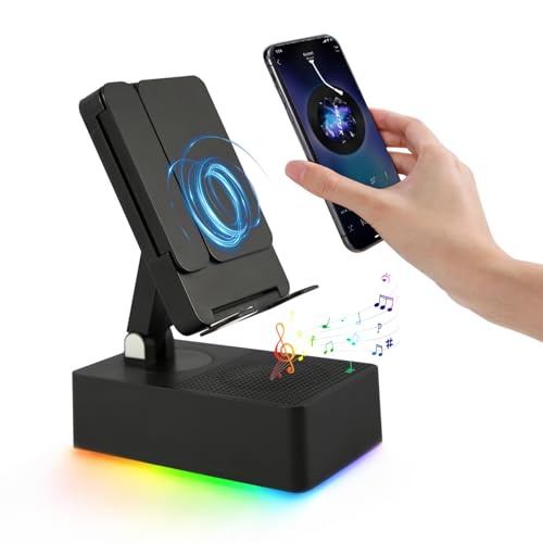 Wireless Induction Bluetooth Speaker, 5-in-1 Foldable Phone Holder, 1500mAh Emergency Charging, Colorful LED Ambient Light, Tech Gadgets Gifts for Men Women, for iPhone Android Tablet, Black - color: Black