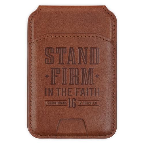 Christian Art Gifts Magnetic Phone Wallet, Stand Firm Bible Verse, Honey Brown Faux Leather, MagSafe Wallet Stand, Snap Closure, 3.9" x 2.5" - color: Brown Snap Closure/Stand Firm