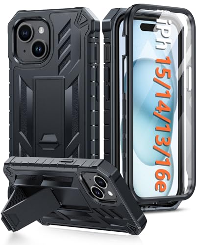 FNTCASE for iPhone 15/14/13 Case, Built-in Screen Protector, Kickstand | 20FT Military-Grade Drop Protection, Anti-Slip Matte Textured, Rugged Heavy Duty Shockproof Protective Phone Cover, Black - color: Black