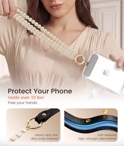 pcgaga Leather Pearl Phone Lanyard for Cellphone Case, Phone Strap Crossbody for Women's Case, Fashion Durable Skin-Friendly - color: Black