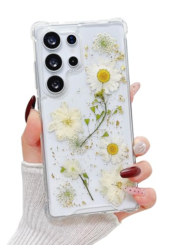 Compatible with Samsung Galaxy S25 Ultra Case Clear Real Flowers | Cute Pressed Dried white Flower Design For Women Girly Shockproof Glitter Floral Phone Cover for Galaxy S25 Ultra - color: White Flower, size: Samsung S25 Ultra