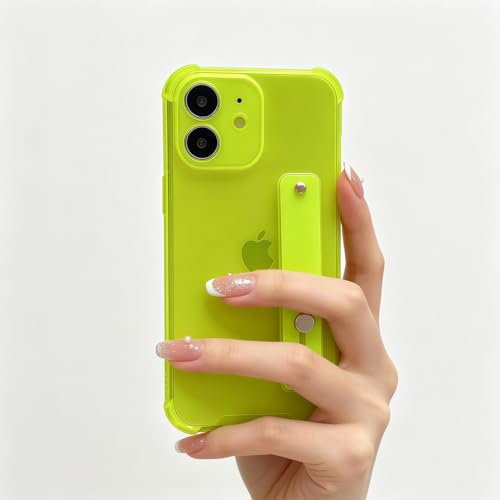 Compatible for iPhone 12 Case with Strap Holder Stand - Neon Green | Wristband Kickstand, Clear Soft TPU, Adjustable Finger Hand Grip Loop, Shockproof Bumper Rugged Cover - color: Neon Green, size: iPhone 12 6.1"