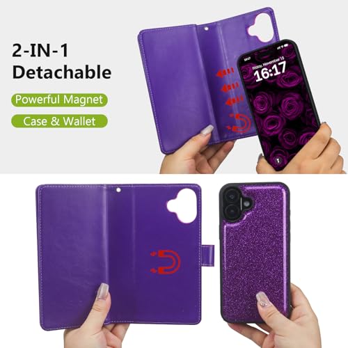 Varikke for iPhone 16 Glitter Case Wallet Magnetic Detachable, Deep Purple - color: (Standard) Dark Purple, size: iPhone 16 6.1"