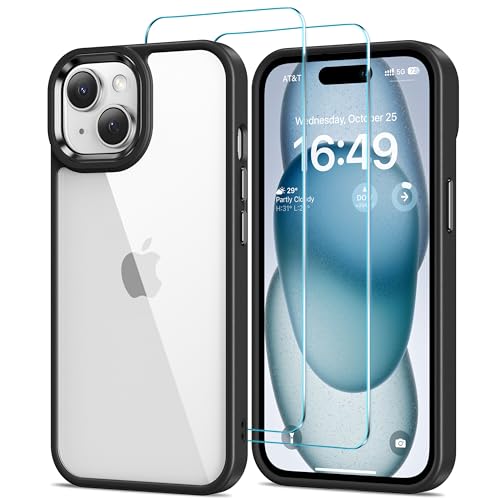 HOOMIL Case for iPhone 15 Plus Phone Cover with 2-Pack Tempered Glass Screen Protector, Non-Yellowing, Drop Protection, Anti-Scratch, Transparent, Hard Back - Black Clear - color: Black, size: iPhone 15 Plus