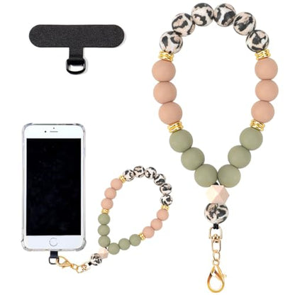 VICHUNHO Marble Silicone Beaded Phone Wrist Strap, Cellphone Lanyard with Tether Tab, Elastic Hands-Free Wristlet Bracelet - color: Khaki Leopard Print