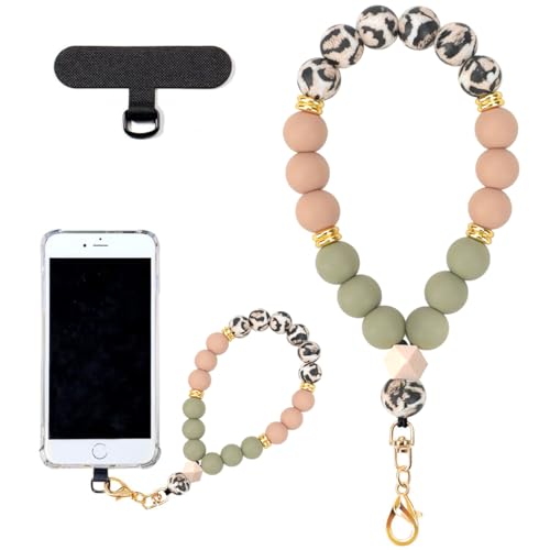 VICHUNHO Marble Silicone Beaded Phone Wrist Strap, Cellphone Lanyard with Tether Tab, Elastic Hands-Free Wristlet Bracelet - color: Khaki Leopard Print
