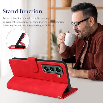 Wallet Case for Galaxy S22, RFID Blocking, 4 Card Slots, Red | For Samsung Galaxy S22 6.1 inch, PU Leather Flip Cover, Protective TPU Shell, Magnetic Closure, Stand, Wrist Strap - color: Red