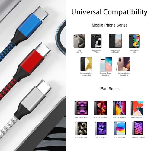 USB C to USB C Cable Nylon Braided 60W 3/3/6/6/10 FT USB Type C Fast Charging Cable for iPhone 17/17 Pro Max/Air/16/16 Plus/16 Pro Max/15/15 Plus/15 Pro Max, MacBook, iPad, Samsung S25/S24/23