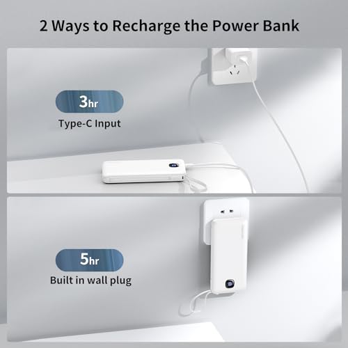 Portable Charger 10000mAh 22.5W Power Bank,Built-in 3 Cables & AC Wall Plug - color: Matte White