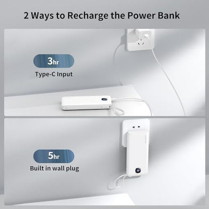 Portable Charger 10000mAh 22.5W Power Bank,Built-in 3 Cables & AC Wall Plug - color: Matte White
