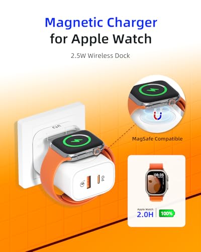 3-in-1 Portable Apple Watch Charger Fast Charging，25W Wireless Magnetic Foldable iWatch Charger Block，PD Travel Essentials Block for iWatch Ultra/SE/ 10/9/ 8/7/ 6，iPhone 17/16/ 15 Series