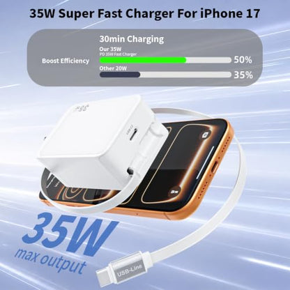 USB C Retractable Wall Charger with Foldable Plug, 35W Compact iPhone Block