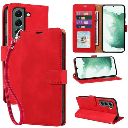 Wallet Case for Galaxy S22, RFID Blocking, 4 Card Slots, Red | For Samsung Galaxy S22 6.1 inch, PU Leather Flip Cover, Protective TPU Shell, Magnetic Closure, Stand, Wrist Strap - color: Red