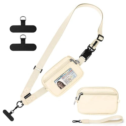 Nekmit Clip and Go Strap for Phone with Wallet Crossbody, Adjustable Phone Lanyard with Detachable Zippered Pouch & Wristlet - color: Beige