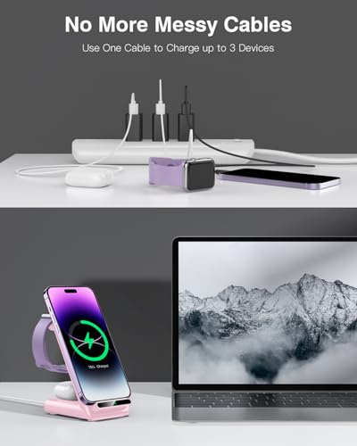 Wireless Charging Station,3 in 1 Charging Stand for Apple Multiple Devices - color: Pink