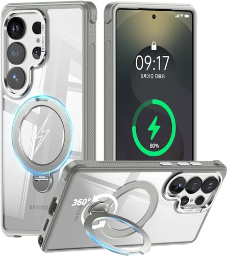[360° Rotatable Invisible Magnetic Stand & Fit for MagSafe Designed for Samsung Galaxy S25 Ultra Case with Kickstand [Mil-Grade Shockproof] Clear Hard Back Cover for Galaxy S25 Ultra, Gray - color: Gray, size: For Galaxy S25 Ultra