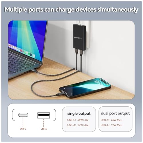65W Ultra Slim USB C Charger, Dual-Port GaN Wall Adapter, Fast Charging for iPhone 16/15 Pro Max, Galaxy, Black - color: 65W-1C1A