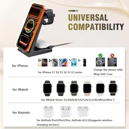 25W Magnetic Wireless Charging Stand for Mag-Safe, 3 in 1 Fast Wireless Charger Station for iPhone 17 Pro Max/17 Air/16 Pro/16 Plus/15/14/13/12 mini,Air Pods,Apple Watch