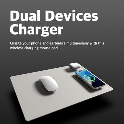POUT H3 PRO Dual Qi Wireless Charging Mouse Pad – Dual Fast Wireless Chargers for Smartphones and Earbuds – Smooth Surface with Anti-Slip Base for Home and Office Use (Cream Powder)