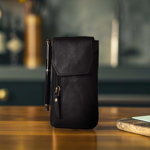 Leather Village Genuine Leather 7”x3.5” Phone Holster Pouch with Belt Clip, Magnetic Closure, ID Card Holder - Black Universal Case for iPhone, Samsung Galaxy, Google Pixel - color: Matty Black