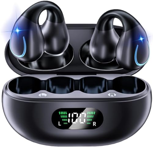 Open Ear Bone Conduction Headphones Bluetooth 5.3 Wireless Clip On Earbuds with Digital Display Charging Case 60 Hours Playtime Sport Earphones Built-in Mic IPX7Waterproof for Running Fitness Exercise