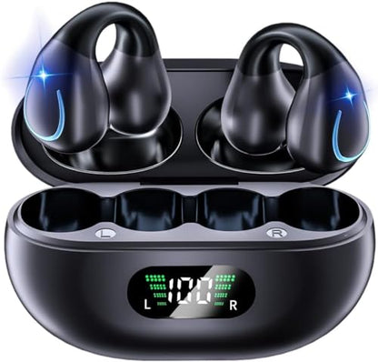 Open Ear Bone Conduction Headphones Bluetooth 5.3 Wireless Clip On Earbuds with Digital Display Charging Case 60 Hours Playtime Sport Earphones Built-in Mic IPX7Waterproof for Running Fitness Exercise