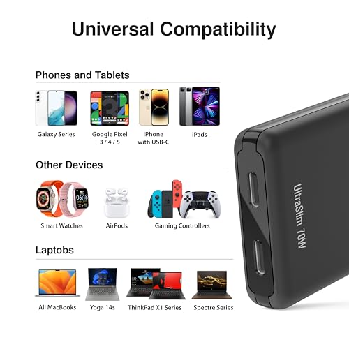 UltraSlim 70W GaN II Dual USB-C PD Wall Charger - Compact Flat Plug Adapter with Foldable Design, Intelligent Power Allocation & Fast Charging for Laptops & Phones - Black - color: Black