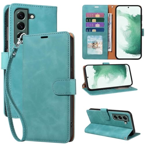 Wallet Case for Galaxy S22, RFID Blocking, 4 Card Slots, Green | For Samsung Galaxy S22 6.1 inch, PU Leather Flip Cover, Protective TPU Shell, Magnetic Closure, Stand, Wrist Strap - color: Green