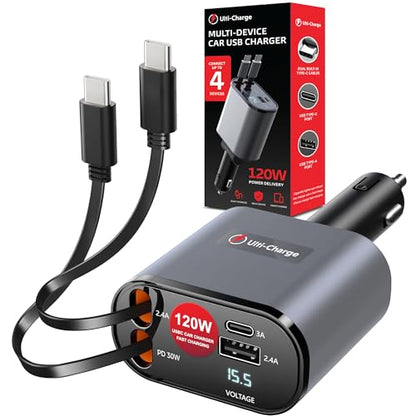 Ulti Charge Car Phone Charger 120W Fast Charging Retractable Cigarette Lighter USB C Charger, 4‑Port USB‑C & USB‑A Dual USBC Charging Block for iPhone, Galaxy, Tablets, Laptops - size: Retractable USBC x2