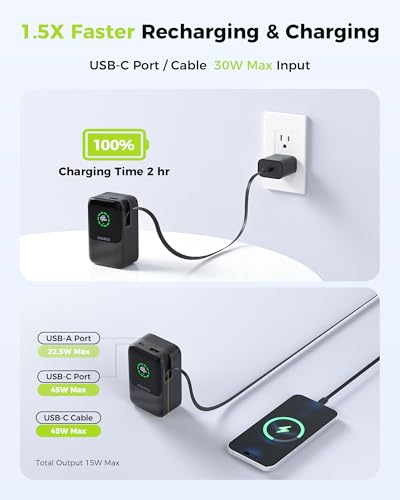 CHARCO Portable Charger Power Bank 10000mAh, 45W Retractable USB‑C Cable