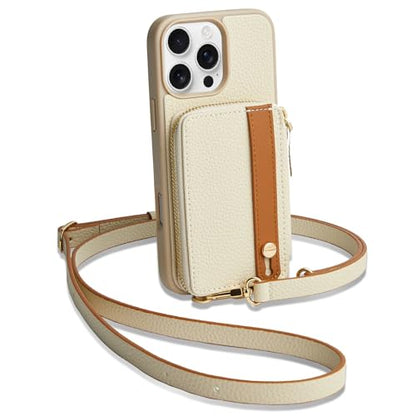 LAMEEKU Compatible with iPhone 16 Pro Case Wallet with Card Holder, Zipper Leather Crossbody Case with Phone Grip Holder Stand Wrist Strap for Women 6.3 inch Beige - color: Beige, size: iPhone 16 Pro 6.3''