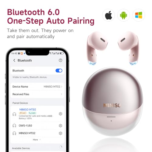 MINISO True Wireless Earbuds with Charging Case, Bluetooth 6.0 Ear Buds - color: Pink