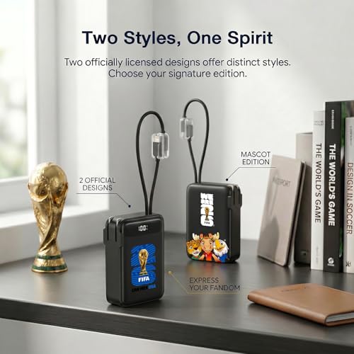 2026 FIFA Licensed Power Bank with Built-in Cable and Foldable Wall Plug, 22.5W 10000mAh Portable Charger, 3-in-1 Power Bank for iPhone 17, FIFA World Cup 2026 Official Merchandise, Blue USA Badge - color: Blue USA Badge