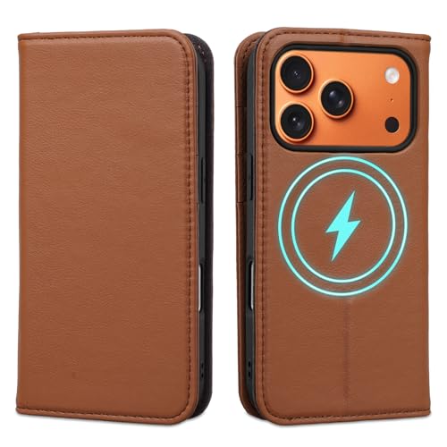 for iPhone 17 Pro 6.3" Wallet Case Card Holder Brown | Magsafe Compatible,RFID Blocking,Kickstand,Folio Cover,Genuine Leather - color: Brown, size: 6.3" iPhone 17 Pro
