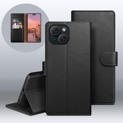 Wallet Case for iPhone 15 6.1", Black | RFID-Blocking Card Holder, Kickstand, Magnetic Closure, PU Leather Folio Flip Cover, Protective Women Men Cases - color: Black, size: iPhone 15