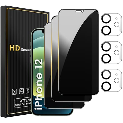 Romkasi 3 Pack Privacy Screen Protector for iPhone 12 6.1 Inch with 3 Pack Camera Lens Protector, Anti Spy Tempered Glass Film, Anti-Scratch, Touch Sensitive, Case Friendly - color: iPhone 12