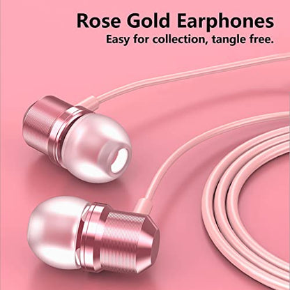 Rose Gold Earbuds, Girls Pink Earphones Wired with mic, Volume Control in Ear Headphones 3.5mm for Smartphones Mp3 Tablet Laptop
